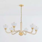 St. Lawrence chandelier with opaque white glass shades, fluted champagne glass arms, and aged brass finish away from camera
