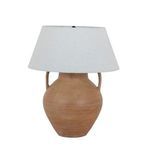 Terracotta vessel-shaped table lamp with handles and wide ivory flax linen shade