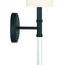 Opposite side view of black wall sconce focusing on cylindrical fabric shade and glass arm details