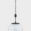 Side view of Clementon Pendant showing clear spherical glass exterior and chain length