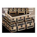 Two boxes stacked with top box lid open to reveal interior fabric lining