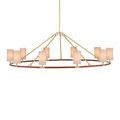 Open shot of chandelier with tan shades suspended at mid-height, side view focused on ring and rods