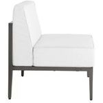 Side profile of slipper chair with cushions showing cushion thickness and frame leg design