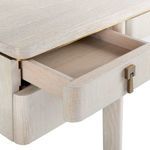 Open drawer on the Lanna desk showing the smooth oak interior and soft-close mechanism.