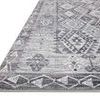 Close-up of rug corner showing thin low-pile texture and stitched edges