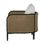 Side profile displaying rounded arm with woven resin detail and black frame