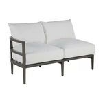 Outdoor left arm facing sectional sofa with dark gray aluminum frame and thick white cushions