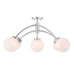 Side view of ceiling light showing two curved arms arching from center with white glass orbs