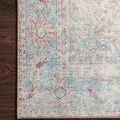 Close-up on the Wynter Red / Teal Rug border resting on hardwood floor highlighting woven textures