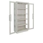 Angled view of Larson cabinet with both glass doors fully open showing shelf depth and hardware