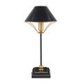 Side view focusing on intersection of metal gold bulb holder and black frame support under shade