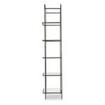 side view showing slim profile and spacing between tempered glass shelves and hammered metal frame