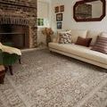 Ida Bark / Multi rug styled in a living room with beige sofa, green chair, and brick fireplace