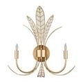 Wall sconce shown against white background with both bulbs lit on curved arms