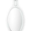 Large oval white iron frame mirror with beveled edge hanging from square wall hook