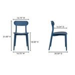 Blue Kent chair with annotated dimensions showing height, width, and depth measurements