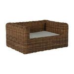 Close-up showing horizontal and vertical pattern of brown woven wicker material