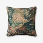 Square 22x22 inch tapestry-style pillow with serene green forest and architectural landscape design