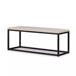 Four Hands Maximus Bench with rectangular light stone top and black metal frame base for outdoor use