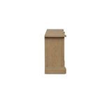 Side profile of Clarence dresser highlighting curved base and oak wood grain texture