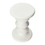 Top-down view of sable turned white wood end table revealing round smooth surface and geometric base