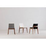 Three Deco Dining Chairs shown in gray, white, and black upholstery color variations, front and back views.
