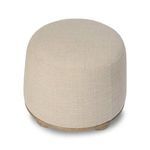 Bilbury Ottoman with softly tapered shape, rounded base, oak bun feet, and beige poly/wool upholstery