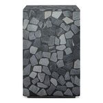 Rectangular outdoor side table with black concrete base and polished irregular pieces of gray marble embedded on all visib...