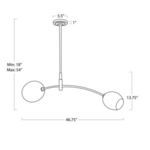 Line drawing with dimensions showing pendant width, adjustable height, and globe size