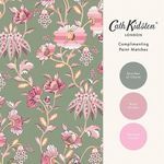 Friendship Garden Sage wallpaper with paint match color swatches labeled Bunches of Charm, Rose Wishes, Blushed Cheeks