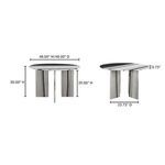 Product dimensions and specifications graphic showing front and side views with measurements of the dining table