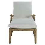 Side profile of teak chaise showing flat wooden slatted base and curved armrest design