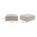 Clay ottoman shown from front and side with product dimensions overlay in inches