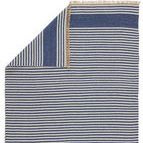 Rug corner flipped over revealing reverse side with blue and beige stripes running vertically