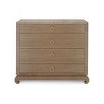 Front view of dresser showing four drawers with round golden ring pulls and flat top