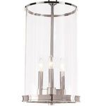 Side view highlighting the clear cylindrical glass and polished nickel candle holder arms within pendant