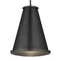 Seafarer Pendant with matte black brass conical shade and clear pebbled glass diffuser hanging from black rod