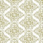 honey-gold damask pattern with intricate floral motifs on white matte wallpaper