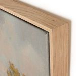 Close-up of natural wood frame corner and canvas texture of the misty morning cabin painting