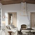Nottaway Grande Gold Chandelier hanging in a modern living room with wood beam ceiling and neutral furniture