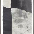Abstract painting Focused II with grayscale geometric shapes and Image Brush Gel finish framed in espresso brown float frame