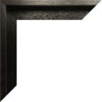 Close-up of black wooden frame corner with textured grain surrounding the painting