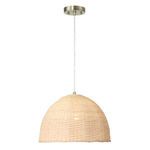 Harbor pendant light illuminated, showcasing warm glow through woven shade