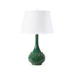 Table lamp with green glazed ceramic lotus-inspired base and white drum shade, 31 inches tall