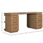 Front angled side view showing three drawers with bronze handles and desk dimensions