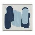 Abstract painting with overlapping blue and light blue rounded shapes on a light grey background, framed in espresso brown...