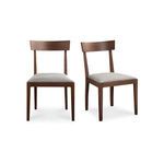 Leone Dining Chair pair front and angled view showing clean lines and light grey upholstery on walnut frame