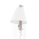 Ellen 1 Light Plug-in Sconce with a white conical fabric shade and light wood vertical mount with brass pull chain