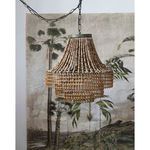 Close-up side angle of Valencia Beaded Chandelier hanging with tropical mural background