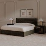 Storage bed mattress lifted up showing the metal slat support structure inside room setting